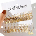 Gold Plated Hoop & Dangle Earrings Set for Women – Hearts, Butterflies & Floral Designs (Pack of 10 Pairs) - Image 3