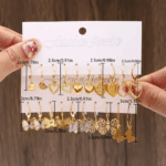 Gold Plated Hoop & Dangle Earrings Set for Women – Hearts, Butterflies & Floral Designs (Pack of 10 Pairs)