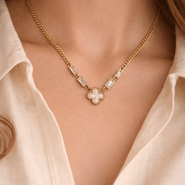 Elegant Gold-Plated Designer Chain Necklace with Crystal Accents and Clover Pendant