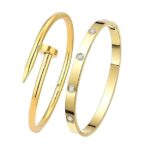 Nail Design Gold-Tone Bangle & Crystal-Studded Screw Design Bracelet/Kada Combo – Unisex Anti-Tarnish Gold Plated Set of 2