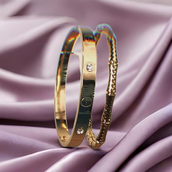 Anti-Tarnish Bamboo Textured Bangle & Crystal-Studded Screw Design Bracelet/Kada Combo –set of 2