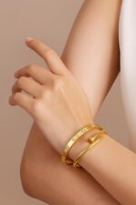 Nail Design Gold-Tone Bangle & Crystal-Studded Screw Design Bracelet/Kada Combo – Unisex Anti-Tarnish Gold Plated Set of 2 - Image 5