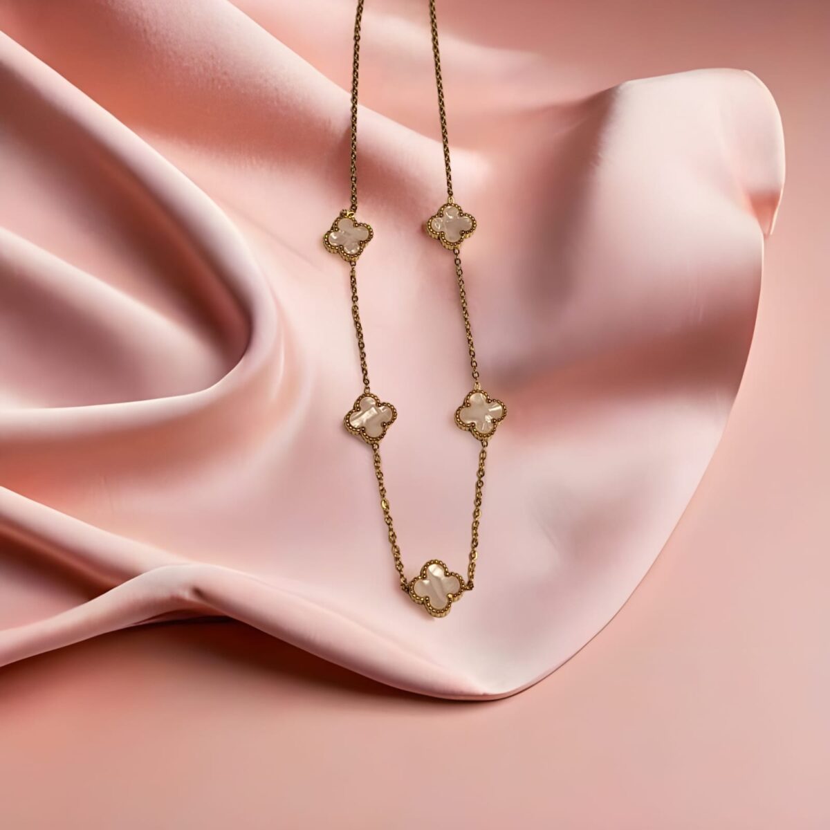 Anti Tarnish Elegant White Clover Long Chain Necklace for Women – Gold Plated Fashion Jewelry with Floral Charms - Image 1