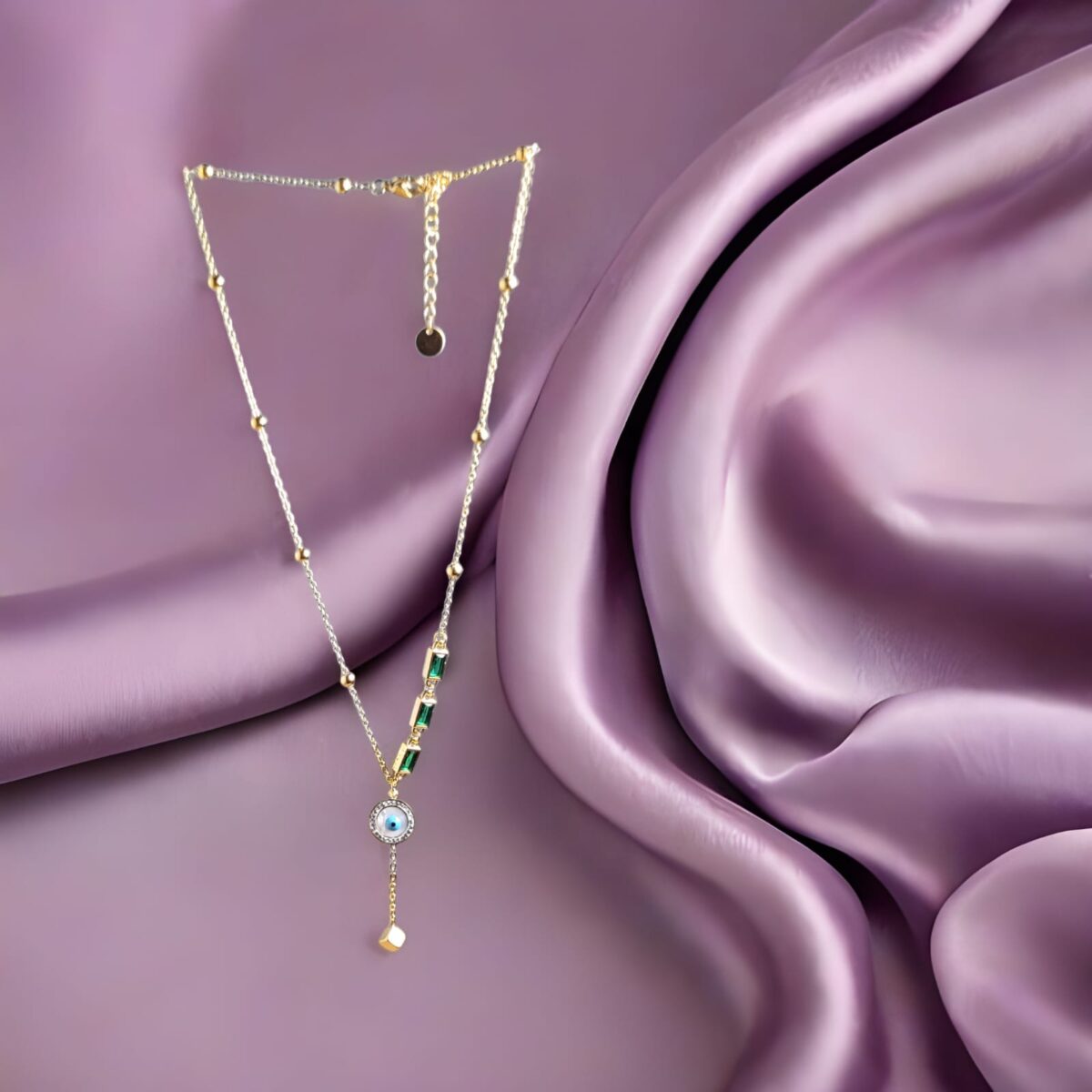 Anti Tarnish Trendy Gold Evil Eye Pendant Necklace with Green Stones – Stylish Long Chain Jewelry for Women - Image 3