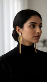 Elegant Long Tassel Dangle Earrings for Women – Gold Plated Rectangular Drop Earrings with White Stone - Image 2