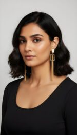 Elegant Long Tassel Dangle Earrings for Women – Gold Plated Rectangular Drop Earrings with White Stone