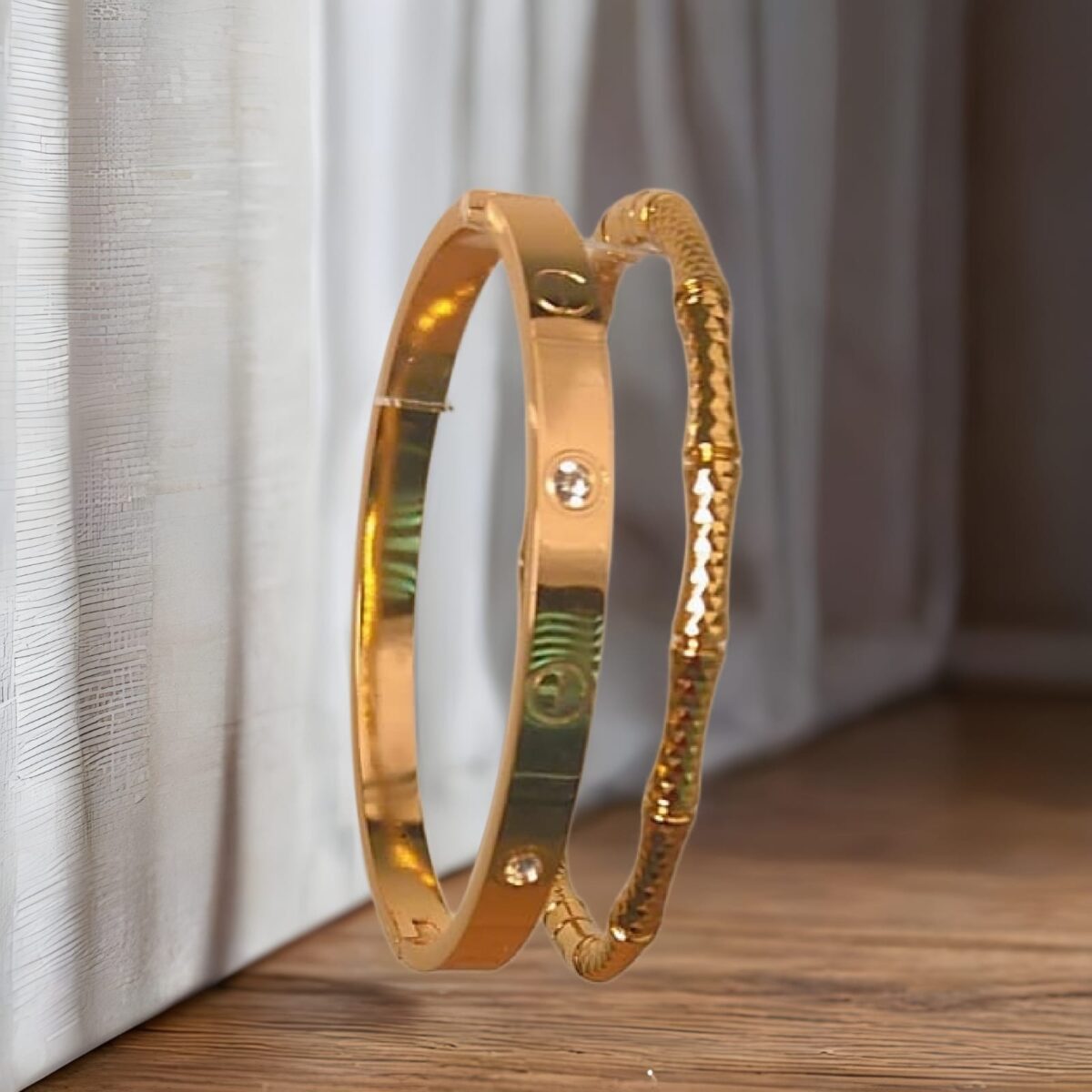 Anti-Tarnish Bamboo Textured Bangle & Crystal-Studded Screw Design Bracelet/Kada Combo –set of 2 - Image 6