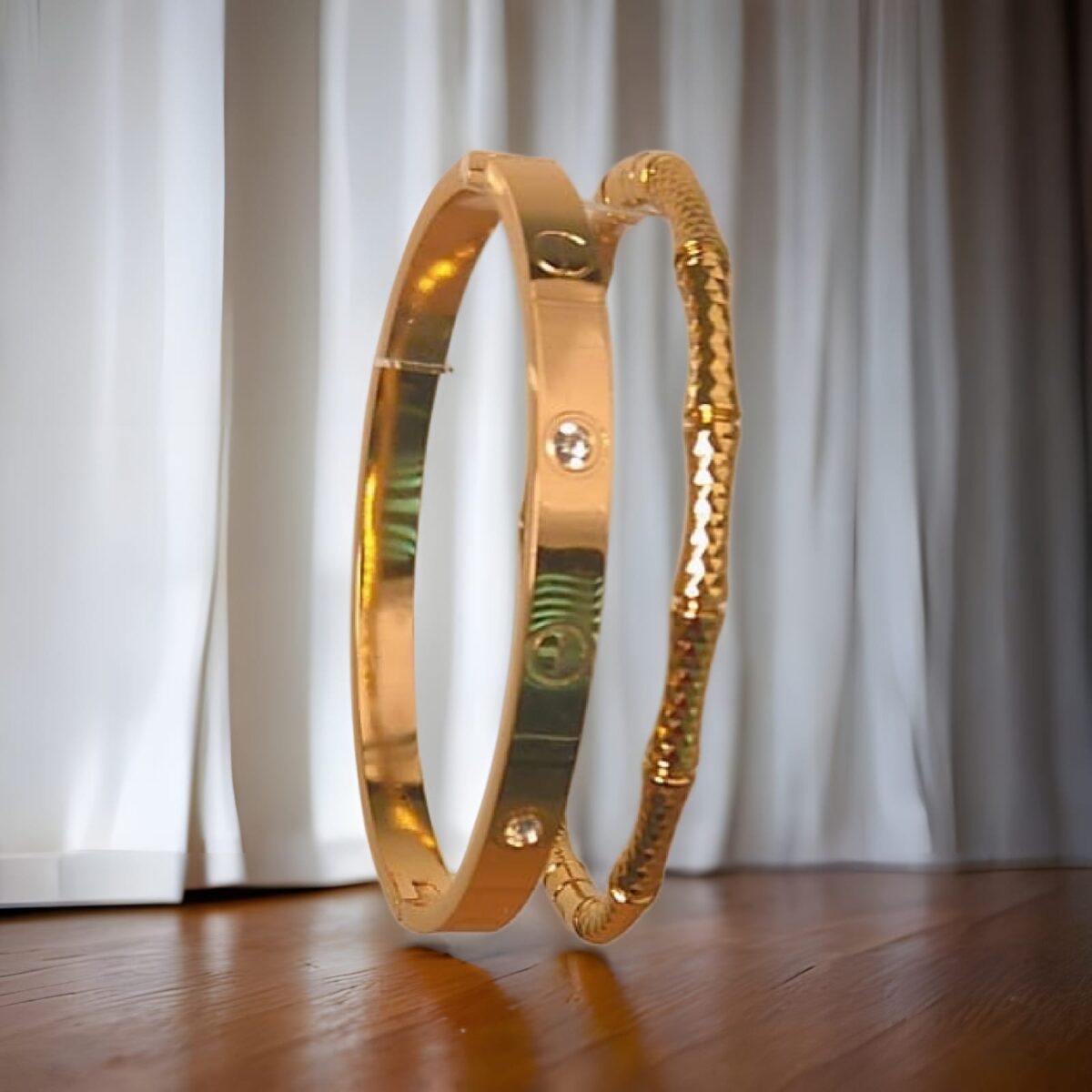 Anti-Tarnish Bamboo Textured Bangle & Crystal-Studded Screw Design Bracelet/Kada Combo –set of 2 - Image 7