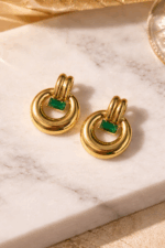 Emerald Accent Gold Circle Drop Earrings
