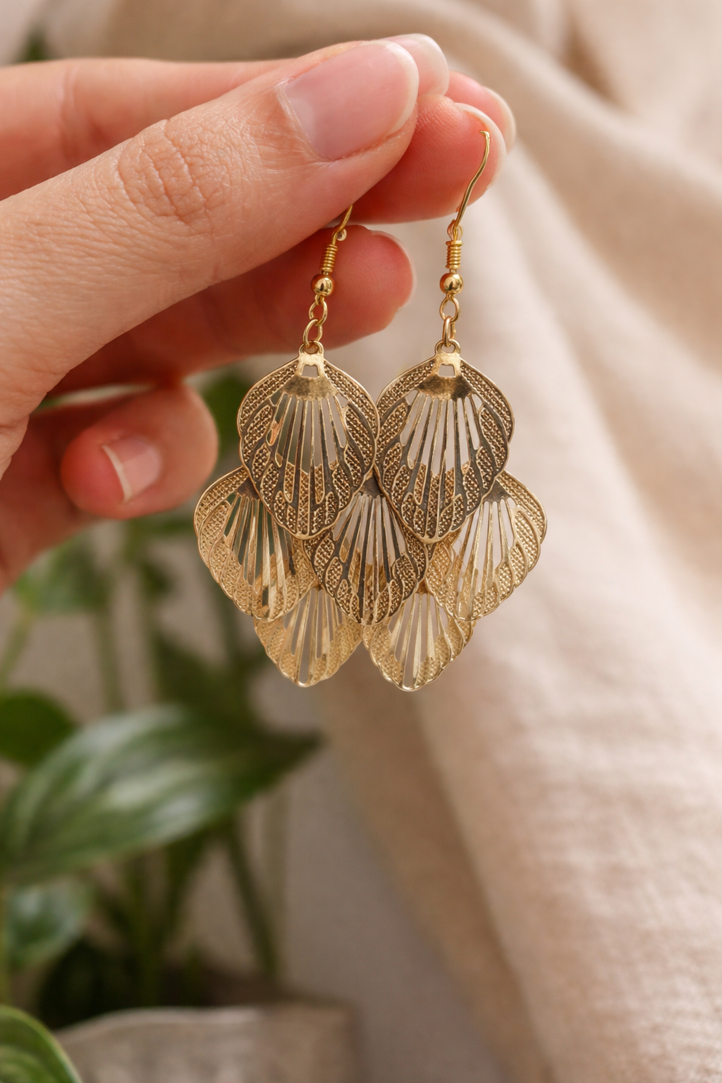 CGW-3 Golden Feather Cascade Dangle Earrings - Image 1
