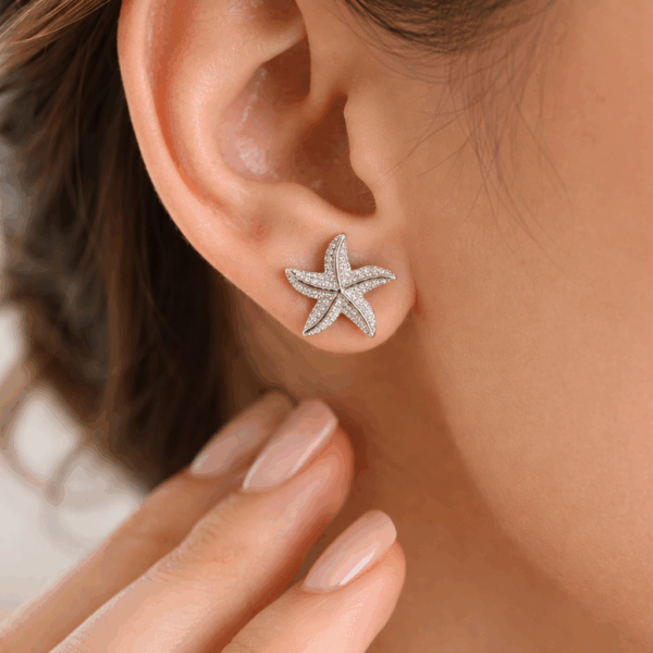 Elegant Starfish CZ Stud Earrings for Women – Silver Tone