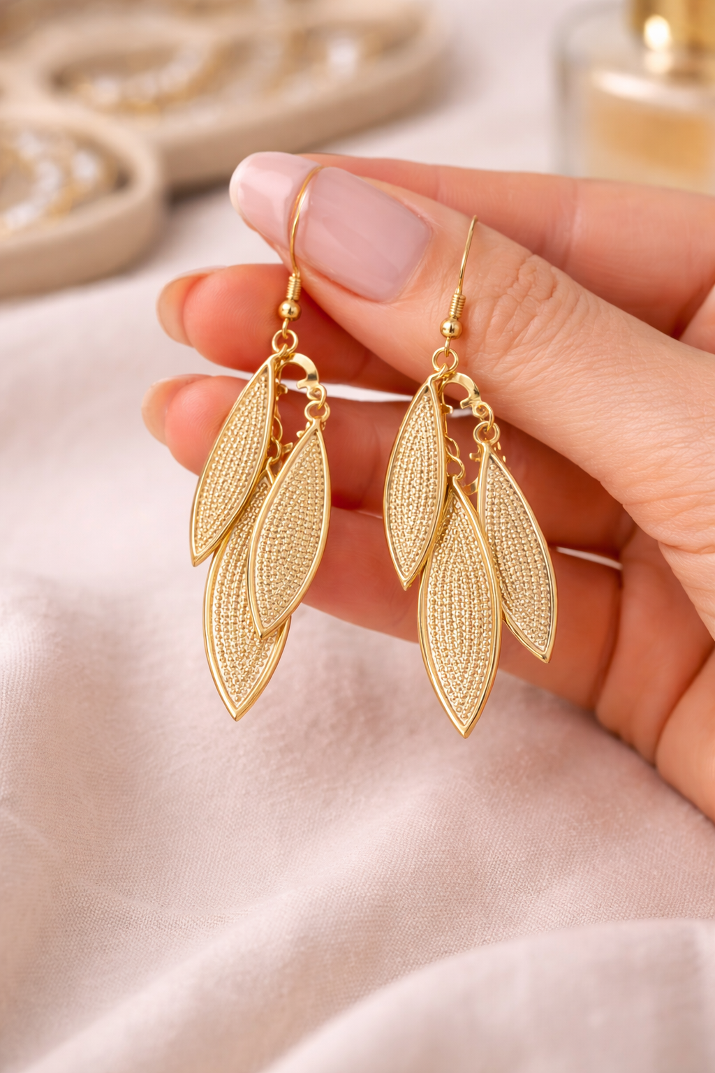WNL-4 Textured Golden Leaf Drop Earrings - Image 1