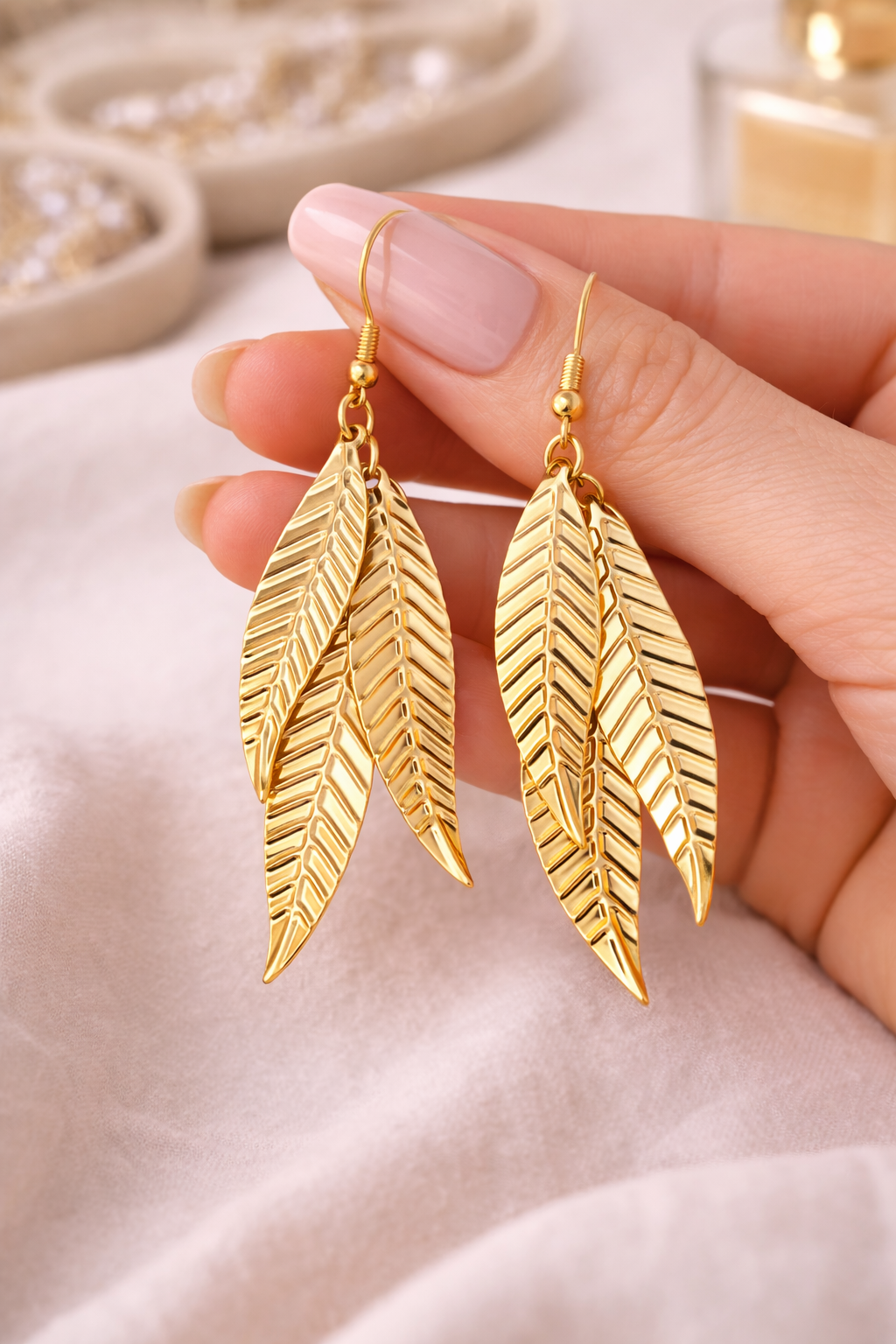 WNL-6 Golden Leaf Cascade Drop Earrings - Image 1